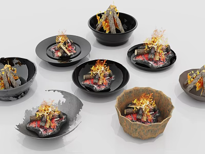 Multiple Small Fireplaces In Black And Brown Bowls With Burning Wood And Flames 3d model