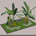 Tropical Plant Combination Featuring Banana Trees Yellow Flowers Green Grass And Stone Wall