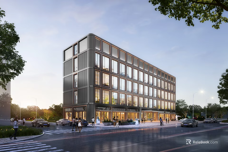 Modern Multi Story Office Building With Glass Curtain Walls And Tree Surroundings 3d model 
