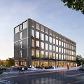 Modern Multi Story Office Building With Glass Curtain Walls And Tree Surroundings