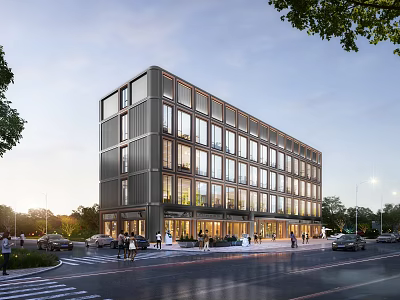 Modern Multi Story Office Building With Glass Curtain Walls And Tree Surroundings 3d model