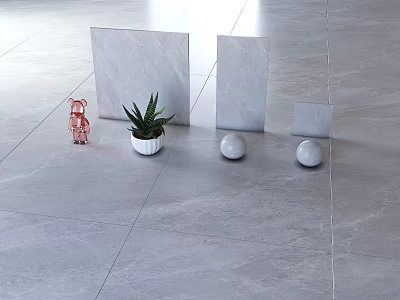 Modern Gray Floor Tiles with Red Figurine Green Succulent and White Spherical Ornaments 3d model