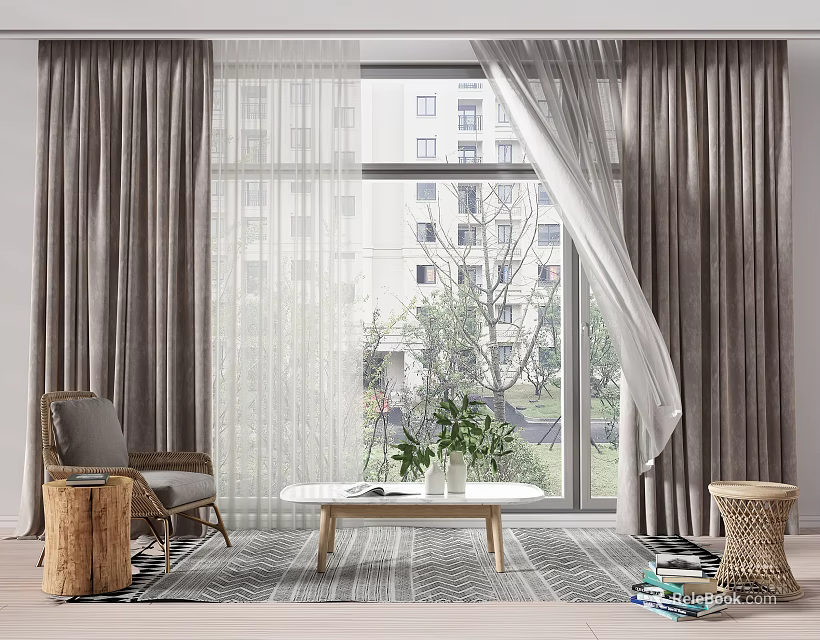 Gray Linen Curtains With White Sheer Panels In Modern Living Room Window View 3d model 