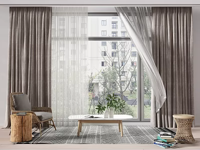Gray Linen Curtains With White Sheer Panels In Modern Living Room Window View 3d model
