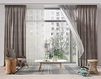 Gray Linen Curtains With White Sheer Panels In Modern Living Room Window View 3d model