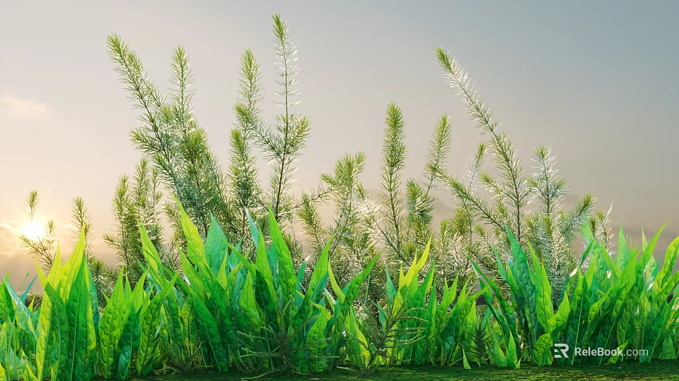 Lush Green Shrubs with Tall Grass Under Clear Sky and Warm Sunlight 3d model 