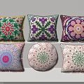 Colorful Decorative Throw Pillows With Intricate Patterns And Square Round Shapes 3d model