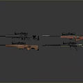 Various Sniper Rifles With Scopes In Different Colors And Tactical Designs