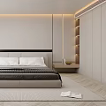 Modern Minimalist Bedroom Interior With Bed Armchair Window Herringbone Floor And Ambient Lighting
