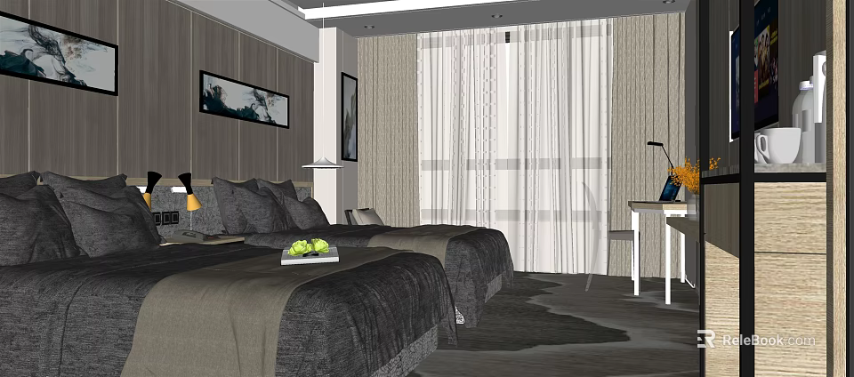 Hotel Room Interior With Twin Beds Gray Bedding White Curtains And Desk Lamp 3d model 