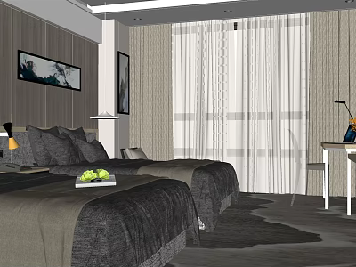 Hotel Room Interior With Twin Beds Gray Bedding White Curtains And Desk Lamp 3d model