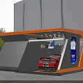 Modern Car Dealership with Contemporary Exterior and Red Sports Car Display and Auto Service Billboard