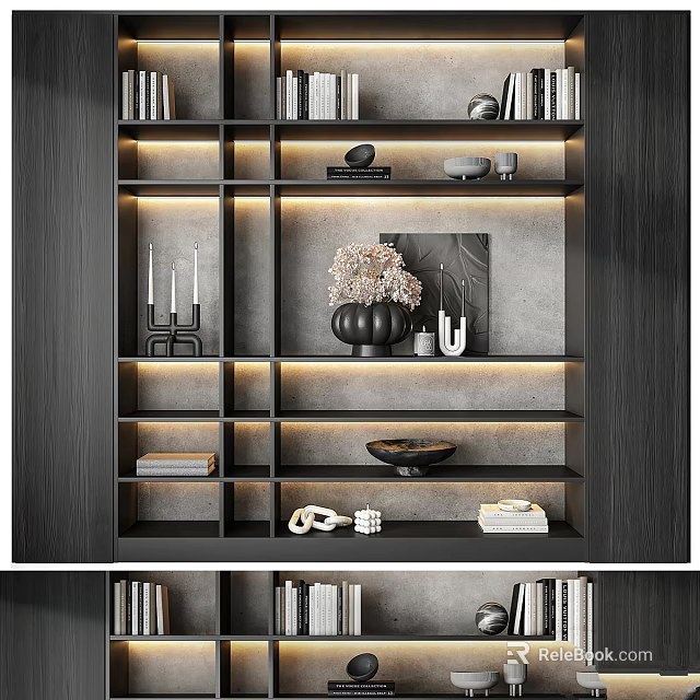Modern Storage Shelf Unit With Layered Design Books Decorative Vase And Ambient Lighting 3d model 