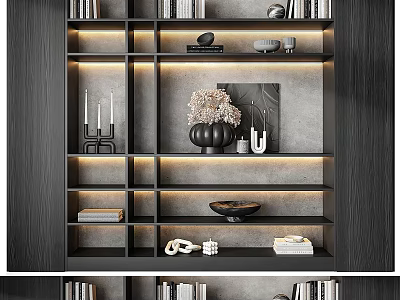 Modern Storage Shelf Unit With Layered Design Books Decorative Vase And Ambient Lighting 3d model