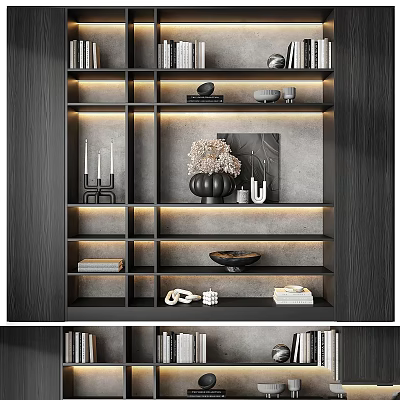 Modern Storage Shelf Unit With Layered Design Books Decorative Vase And Ambient Lighting 3d model