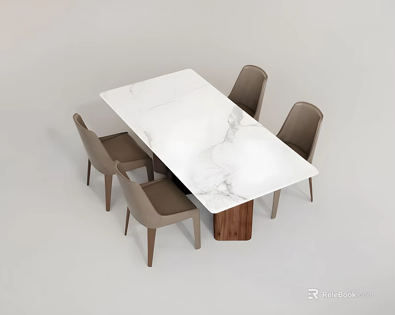Modern Dining Table Set With White Marble Top And Four Light Brown Chairs 3d model