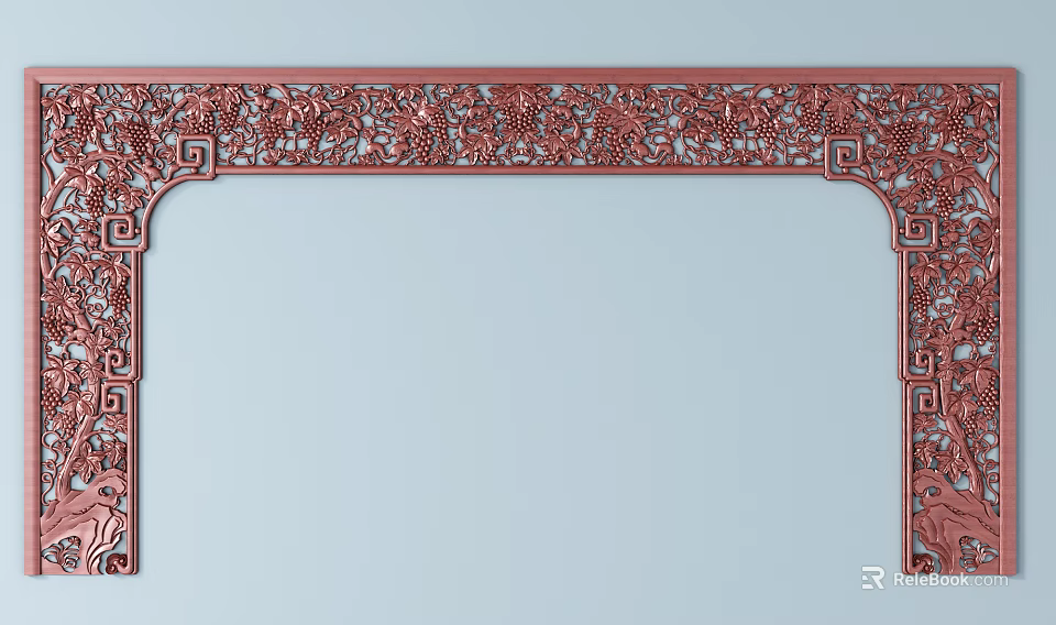 Traditional Red Carved Door Arch With Intricate Patterns And Symmetrical Decorations 3d model 