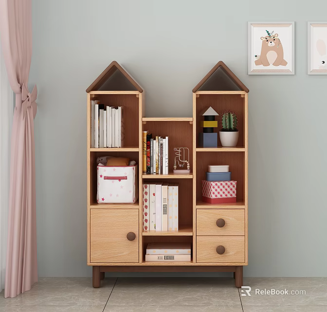 Wooden Bookcase With House Shaped Roof Design Storage Shelves And Drawers For Kids Room 3d model 