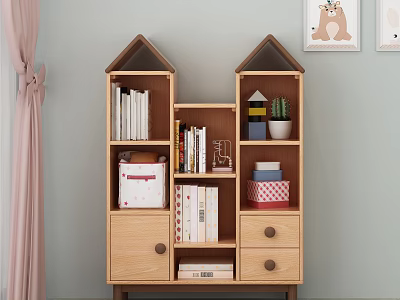 Wooden Bookcase With House Shaped Roof Design Storage Shelves And Drawers For Kids Room 3d model