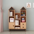 Wooden Bookcase With House Shaped Roof Design Storage Shelves And Drawers For Kids Room