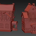 Cartoon Style Houses With Red Roofs Wooden Structure Balconies And Stone Walls