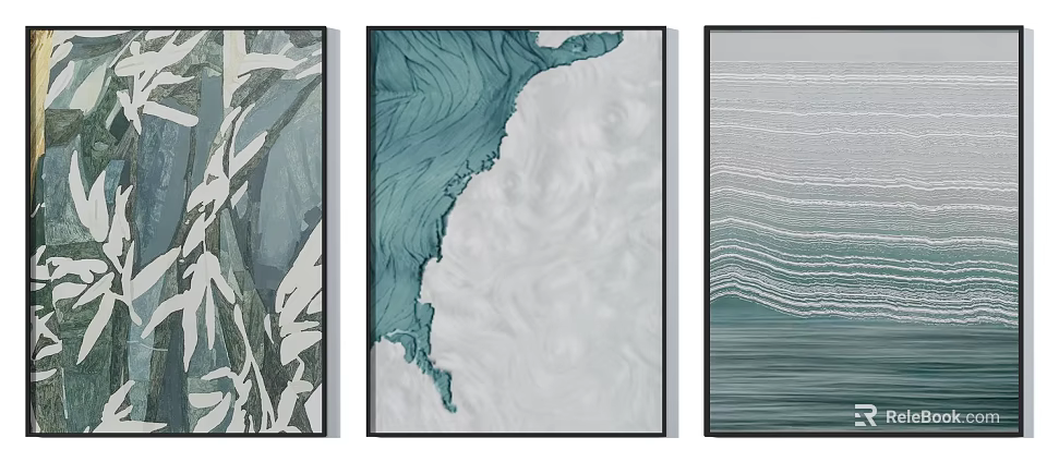 Abstract Wall Art Set With Blue Green Tones And Wave Patterns 3d model
