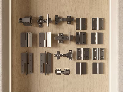 Various Stainless Steel Hinges And Connectors Neatly Arranged In Wooden Drawer 3d model