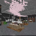 Chic Clothing Store with Pink Floral Ceiling Gray Walls Beige Armchair Wooden Crates Clothing Racks