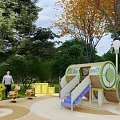 Colorful Kids Play Area With Slide Carousel Horses And Circular Design On Green Lawn