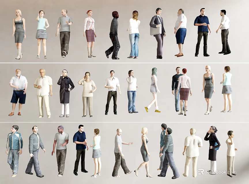 Group of People in Various Poses With Different Clothing Styles and Outfits 3d model 