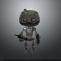 Cartoon Style Metallic Robot With Green Eyes Holding Green Bottle And Mechanical Structure