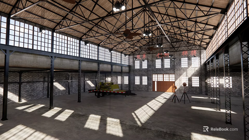 Industrial Style Spacious Workshop High Ceiling Metal Frame And Large Windows With Cement Floor 3d model 