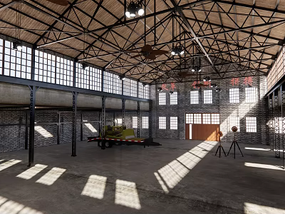 Industrial Style Spacious Workshop High Ceiling Metal Frame And Large Windows With Cement Floor 3d model