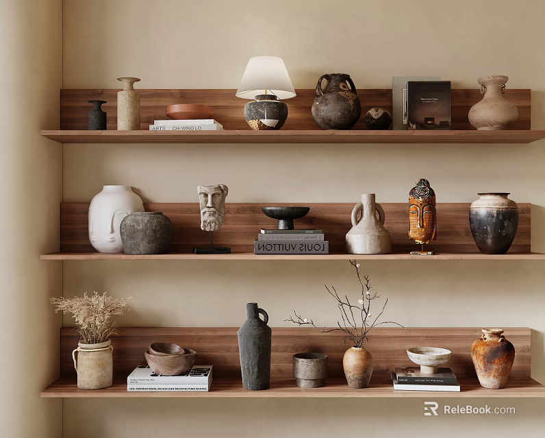 Natural Rustic Decorative Ornament Combination on Wooden Shelves with Vases Sculptures Books and Table Lamp 3d model 