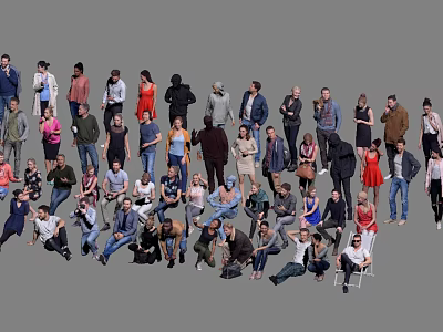 Group of Diverse People in Various Poses and Casual Clothing on Gray Background 3d model