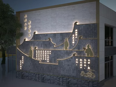 Traditional Style Commercial Street Wall Featuring Relief Figures And Decorative Lighting 3d model