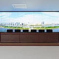 Command Center Control Room With Large Video Wall Displaying Cityscape River View And Brown Console