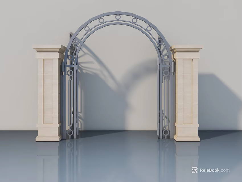 Elegant Hinged Door With Arched Metal Frame Flanked By Beige Stone Pillars On Reflective Floor 3d model 
