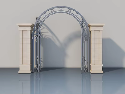 Elegant Hinged Door With Arched Metal Frame Flanked By Beige Stone Pillars On Reflective Floor 3d model