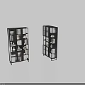 Modern Bookcases with Metal Frames Glass Doors and Shelves Holding Books Vases and Decorative Items