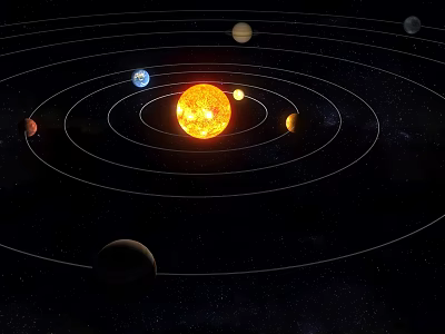 Solar System Model Showing Sun and Planets in Circular Orbits with Dark Space Background 3d model