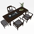 Modern Style Solid Wood Tea Table And Chairs With Tea Set Tray And Potted Plant