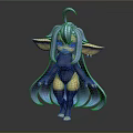 3D Fantasy Creature Character With Blue Long Hair Large Yellow Ears And Purple Eyes