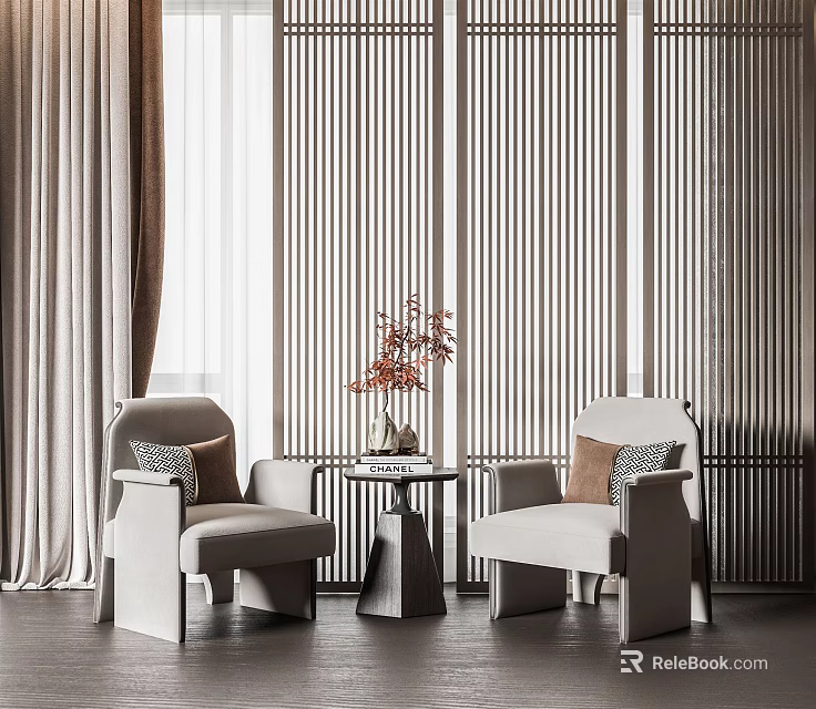 Modern Casual Sofa Set Design With Side Table Decorative Vase And Striped Wall Curtains 3d model 