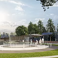Sunny Outdoor Football Stadium with Circular Tiered Stands Central Pitch Green Trees and People Walking