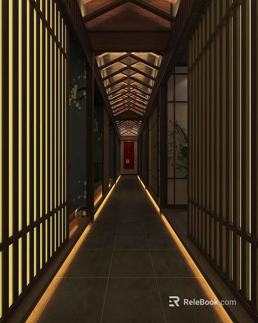 Traditional Hotel Corridor With Wooden Lattice Screens Red Door And Warm Ambient Lighting 3d model 