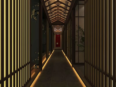 Traditional Hotel Corridor With Wooden Lattice Screens Red Door And Warm Ambient Lighting 3d model