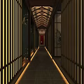 Traditional Hotel Corridor With Wooden Lattice Screens Red Door And Warm Ambient Lighting