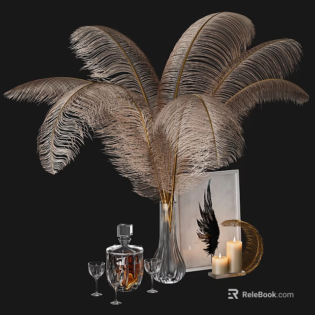 Decorative Ornament Set with Golden Feathers Clear Vase Whiskey Bottle Glasses Candles and Photo Frame 3d model 