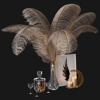 Decorative Ornament Set with Golden Feathers Clear Vase Whiskey Bottle Glasses Candles and Photo Frame 3d model